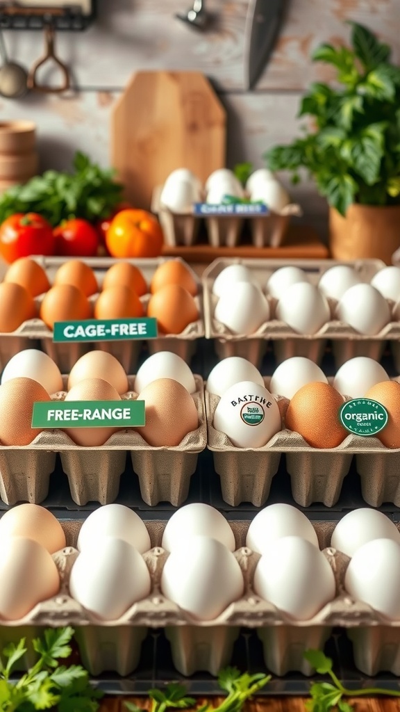 Understanding Egg Labels: A Guide to Egg Types Different egg cartons with labels showcasing various farming practices in a kitchen environment.
